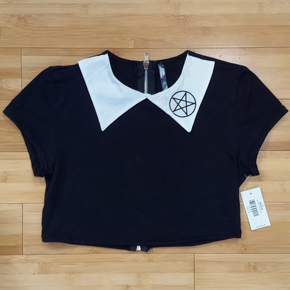 Spencer's Pentagram Collared Crop Top Black Size Medium Black And White